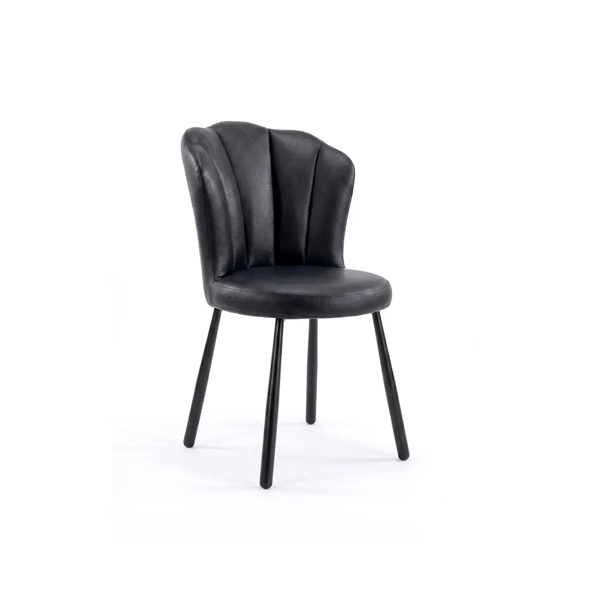 A modern black dining chair with a curved, vertically slatted backrest, padded seat, and four tapered legs