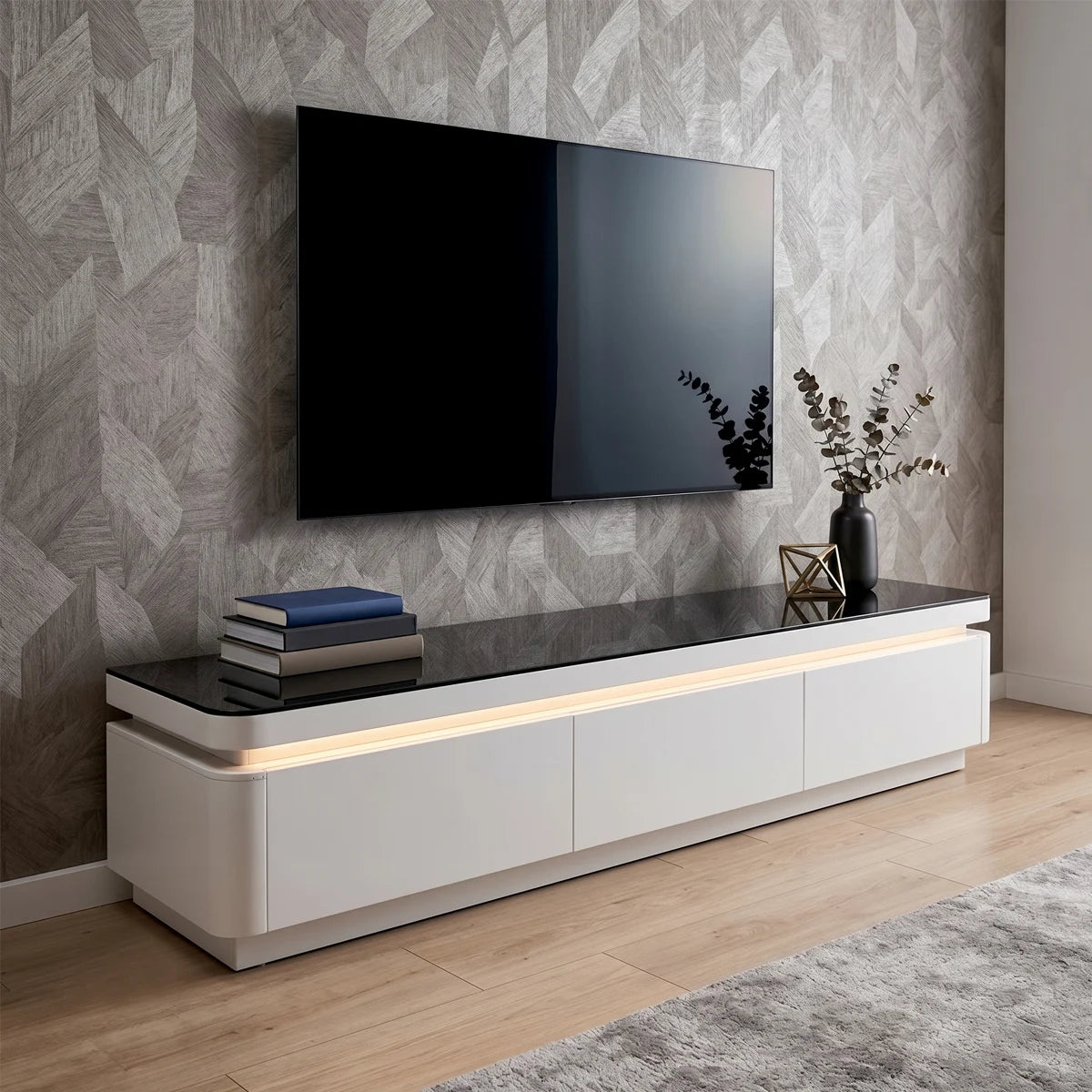 Modern TV stand with a television mounted on a patterned wall