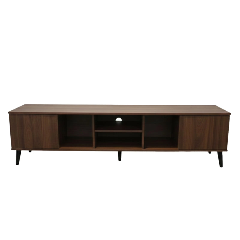 Wooden TV stand with open shelves on a white background