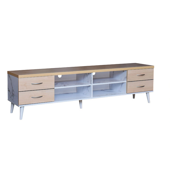 Wooden TV stand with marble-like base on a white background