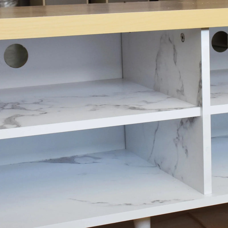 Marble-patterned shelves inside a wooden cabinet