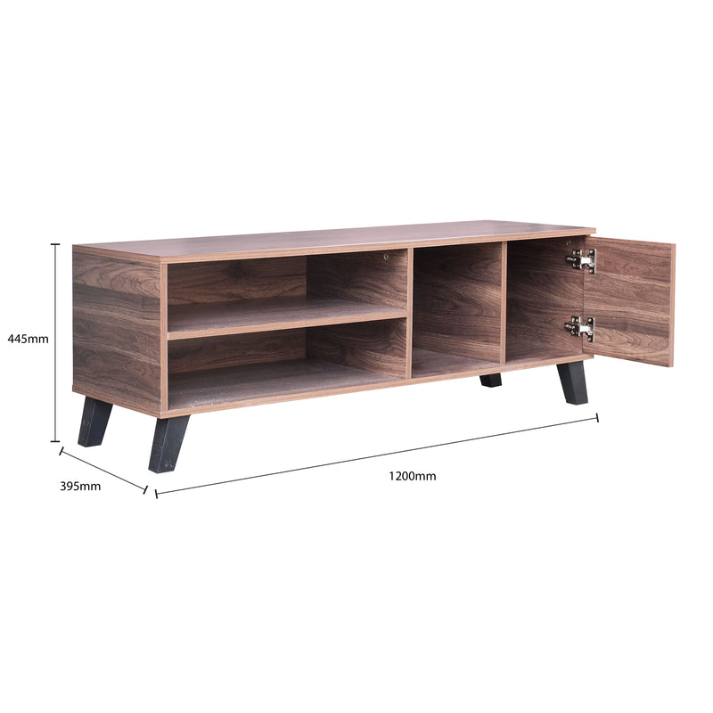 Wooden TV stand with dimensions on a white background
