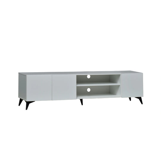 White TV stand with black legs on a white background