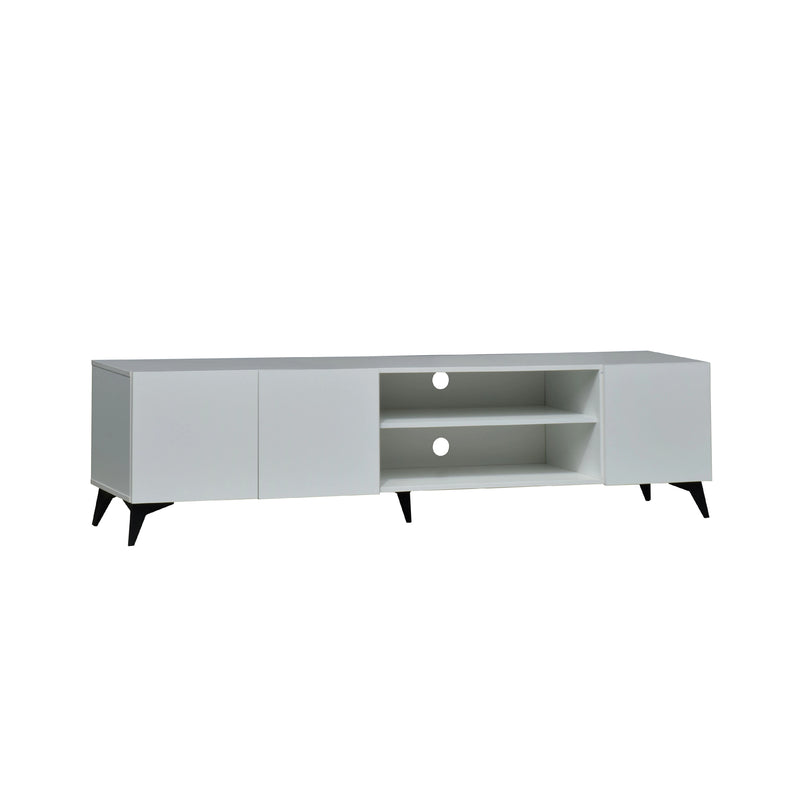 White TV stand with black legs on a white background