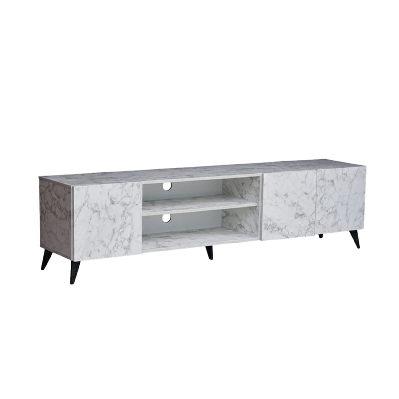 White marble-patterned TV stand on a white background