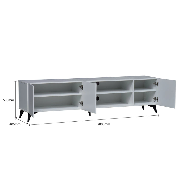 White entertainment console with dimensions on a white background