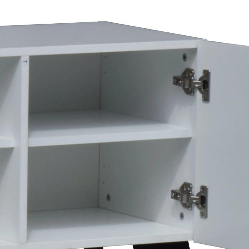 White corner cabinet with open door on a white background