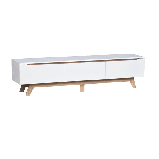 White TV stand with wooden legs on a white background