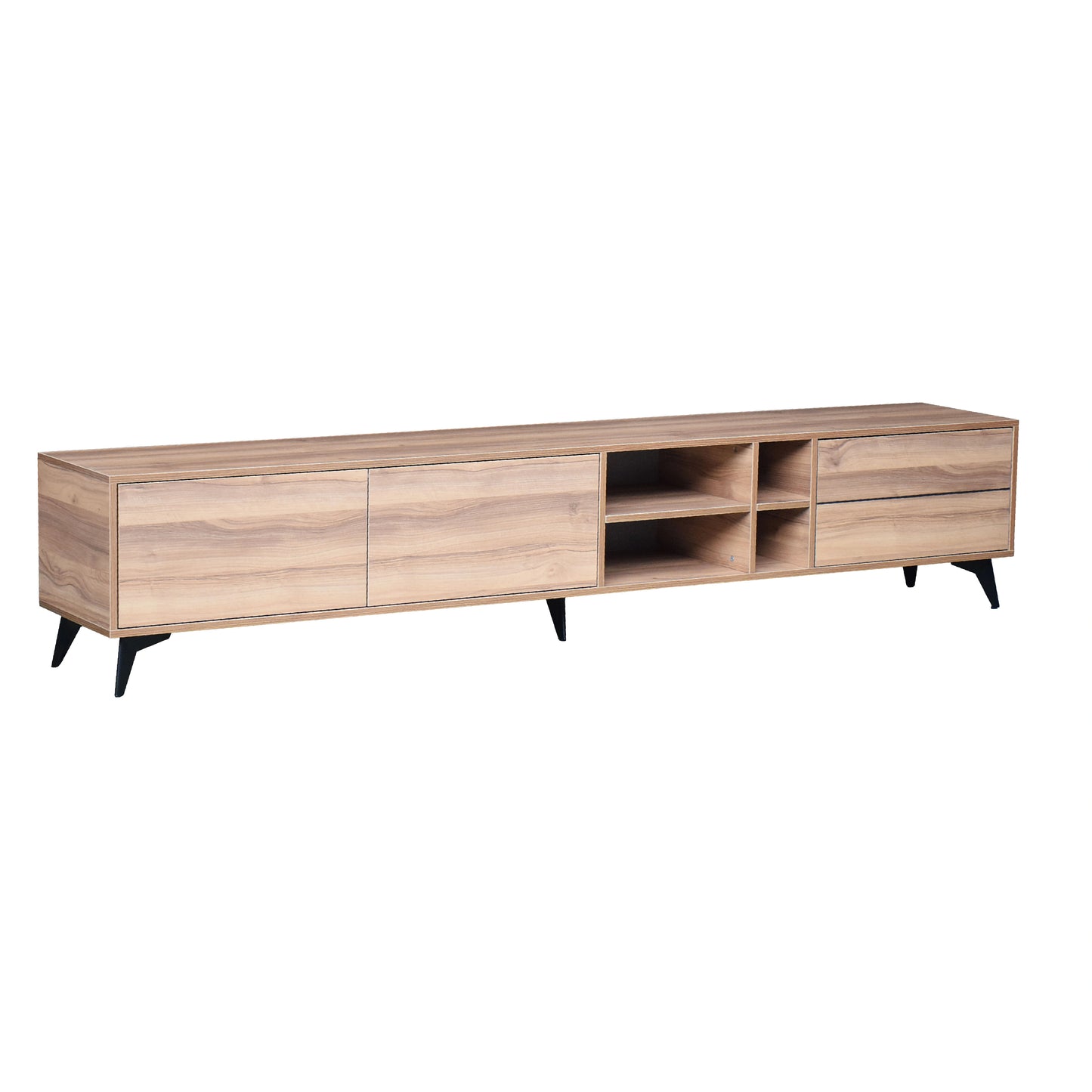 Wooden TV stand with black legs on a white background