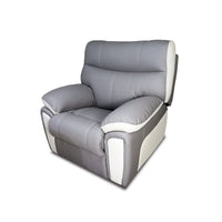 Gray recliner chair with white accents on a white background