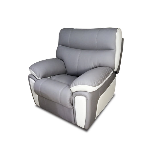 Gray recliner chair with white accents on a white background