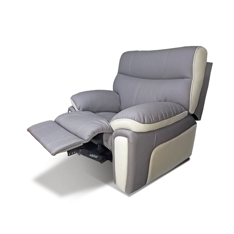 Gray recliner chair with beige accents on a white background