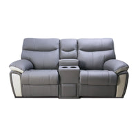 Gray reclining sofa with cup holders on a white background