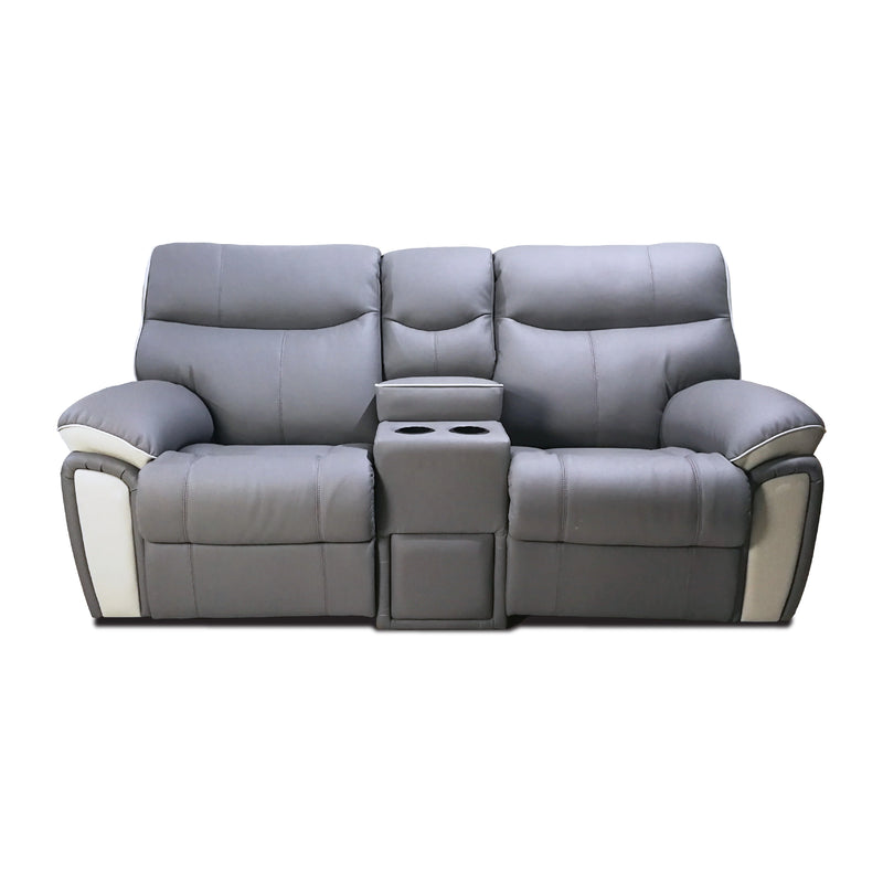 Gray reclining sofa with cup holders on a white background