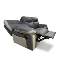 Gray recliner sofa with beige accents on a white background