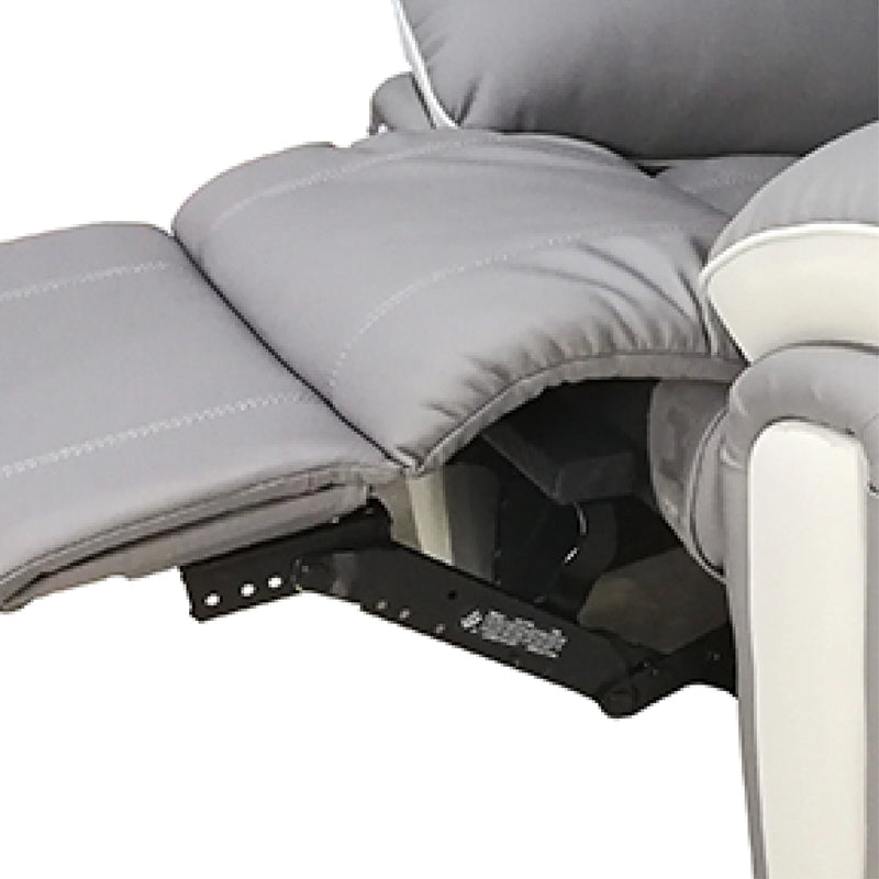Gray recliner chair with a focus on the mechanism and cushions.