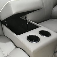Gray leather sofa interior with cup holders and armrest extension