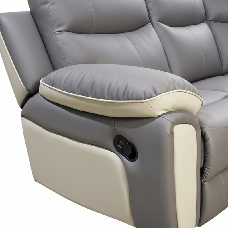 Gray recliner chair with beige armrest on a white background