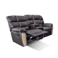 Black leather reclining sofa with cup holders on a white background