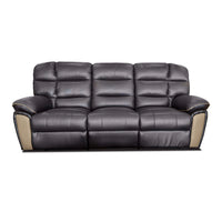 Black leather sofa with beige armrests on a white background