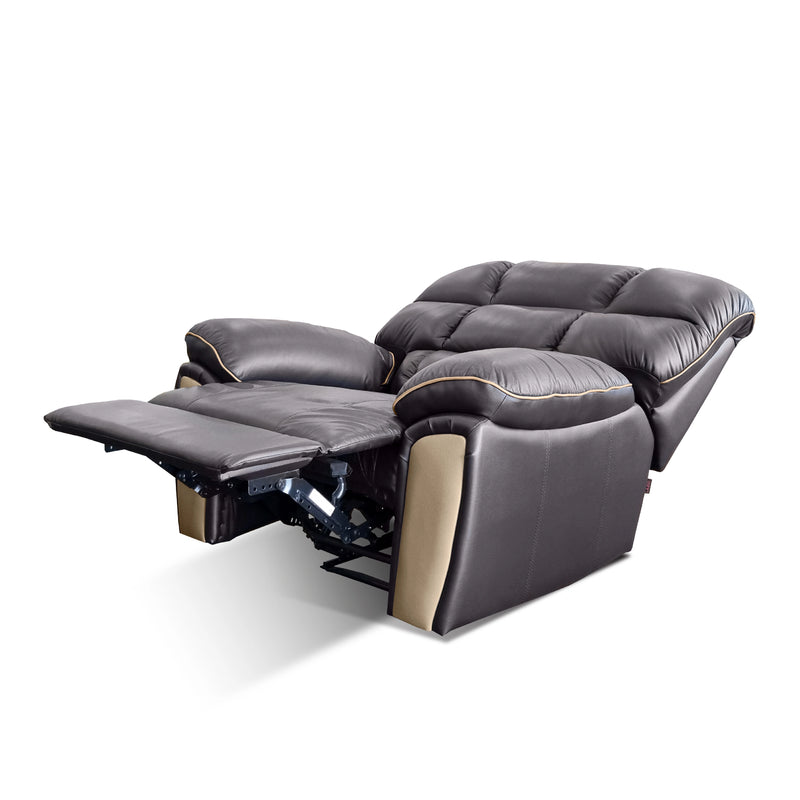 Black leather recliner sofa with beige accents on a white background