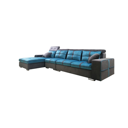 Sectional sofa with blue and gray cushions on a white background