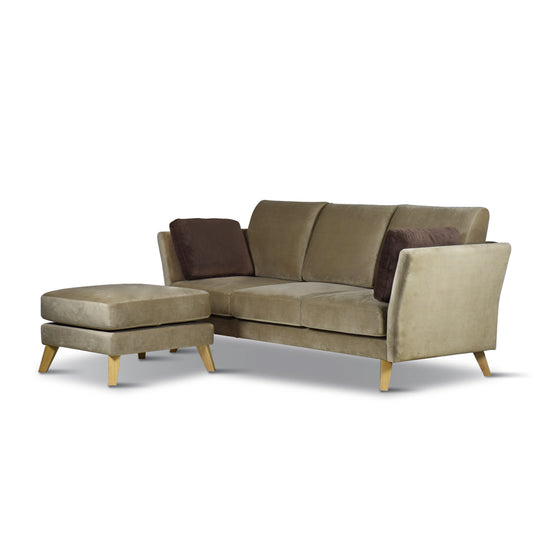 Beige sectional sofa with brown cushions on a white background