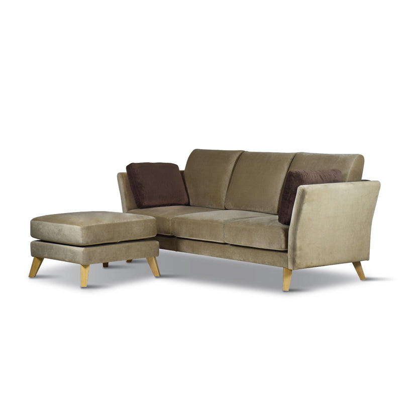 Beige sectional sofa with brown cushions on a white background