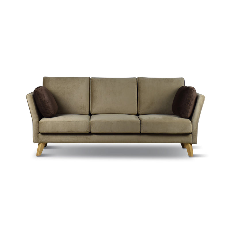 Beige sofa with brown cushions on a white background