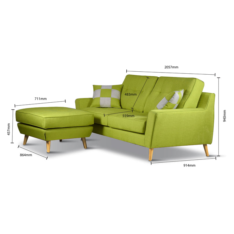 Green sectional sofa with ottoman and measurements on a white background