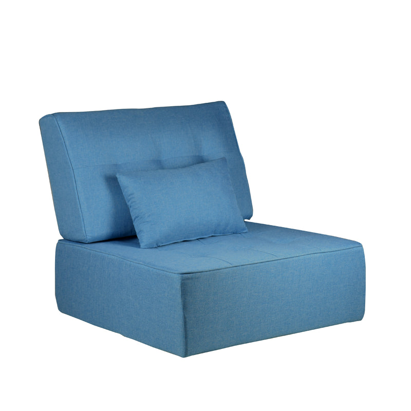 Blue upholstered chair with a pillow on a white background