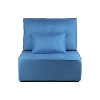 Blue upholstered chair with two cushions on a white background
