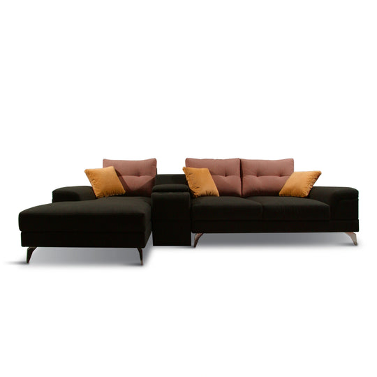 Sectional sofa with brown cushions and yellow pillows on a white background
