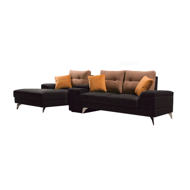 Brown sectional sofa with orange cushions on a white background