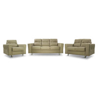 Set of three beige leather sofas on a white background