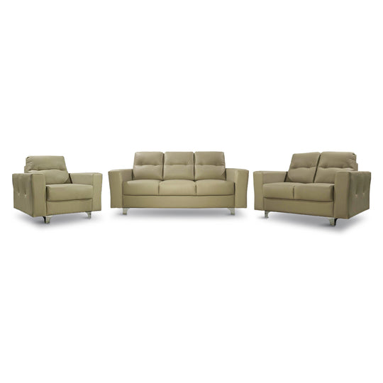 Set of three beige leather sofas on a white background
