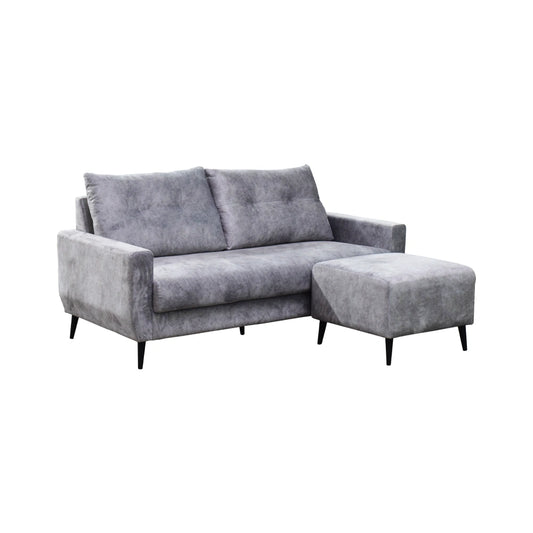 Gray sectional sofa with ottoman on a white background
