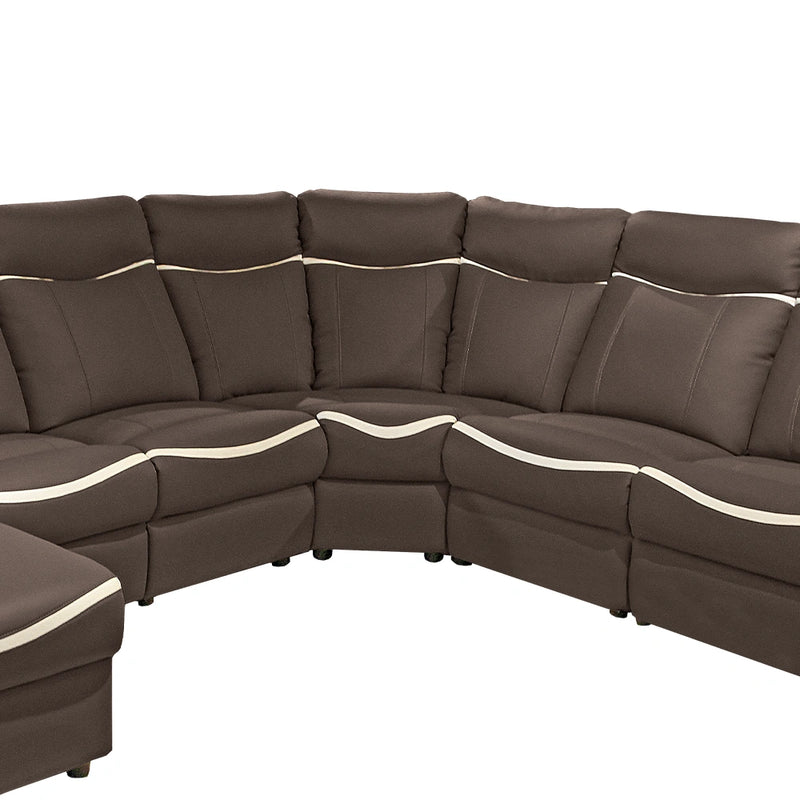 Brown sectional sofa with white trim on a white background