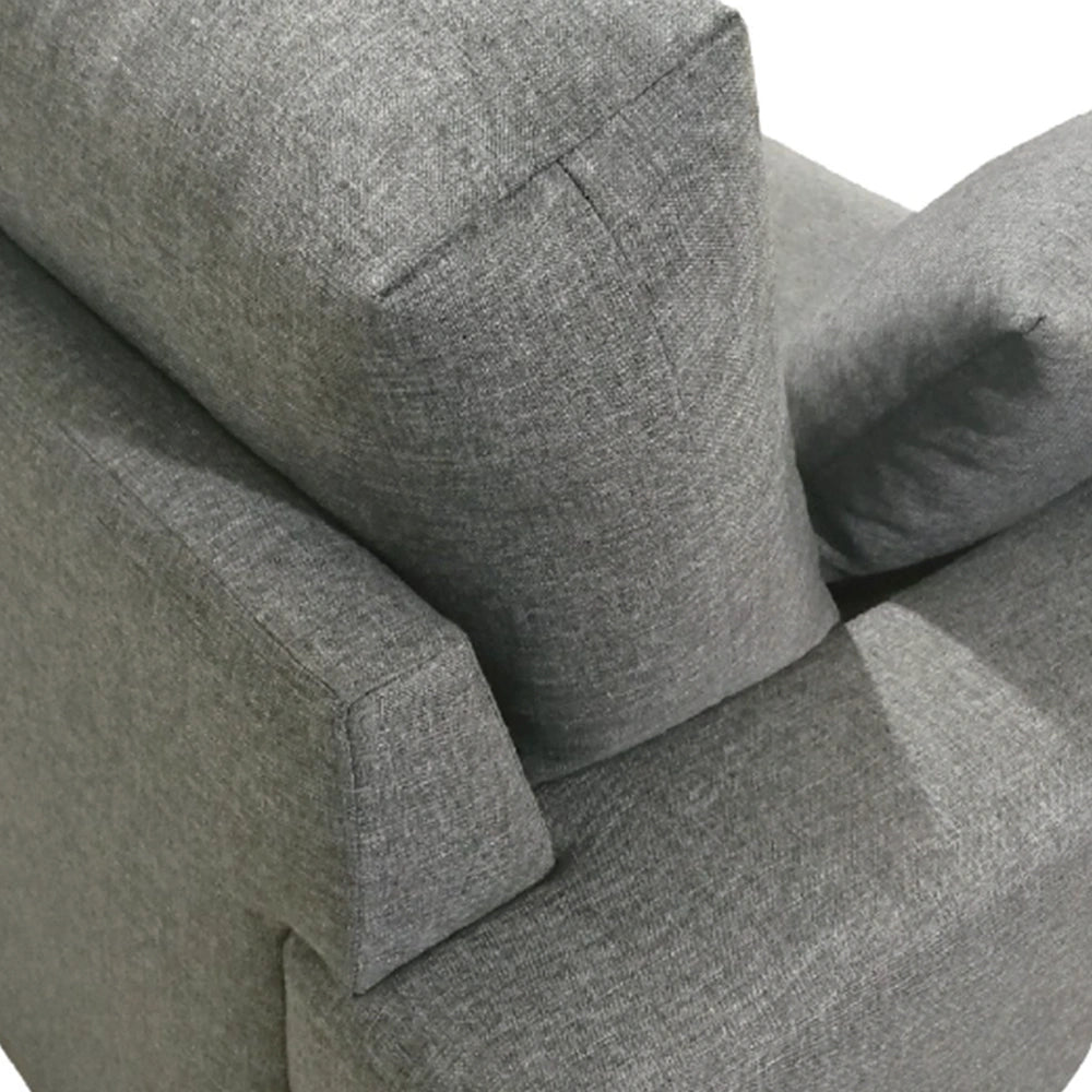 Gray fabric armchair with a close-up of the armrest and backrest.