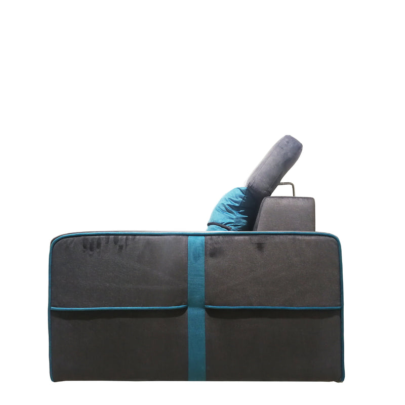 Gray and black car seat cover with blue trim on a white background