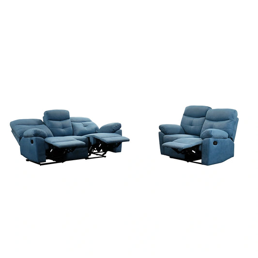 Blue reclining sofa set on a white background