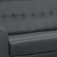 Gray tufted sofa with a close-up view of the fabric texture.