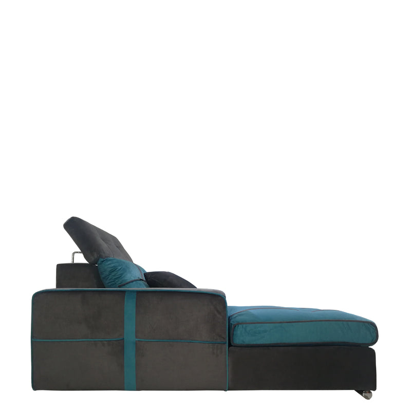 Modern sectional sofa with black and teal design on a white background