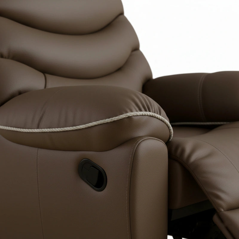 Brown leather recliner chair with armrest detail on a white background
