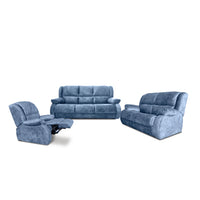 Blue sofa set with recliner chairs on a white background