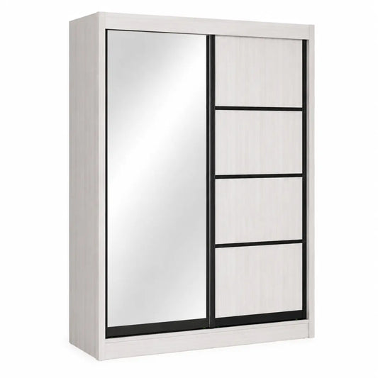A modern sliding wardrobe door cabinet with a light gray wood-grain finish, featuring one mirrored sliding door and three drawer fronts with black metal frames, shown on a plain white background.