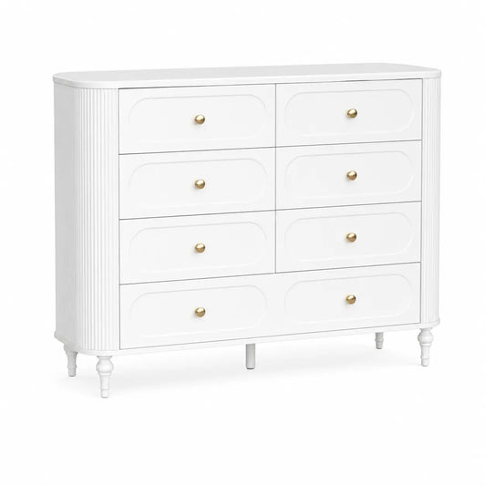 A white six-drawer dresser with small gold knobs, fluted side panels, turned legs, and a curved front, shown on a clean white background.
