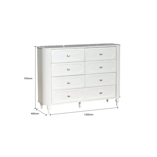 White dresser with dimensions labeled on a white background