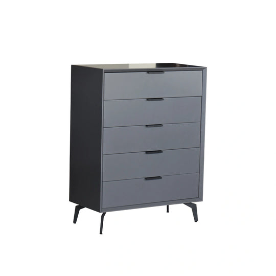 Gray dresser with four drawers on a white background
