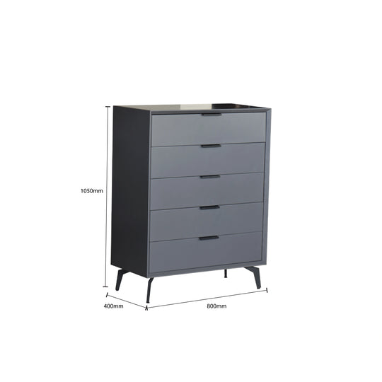 Gray dresser with dimensions on a white background